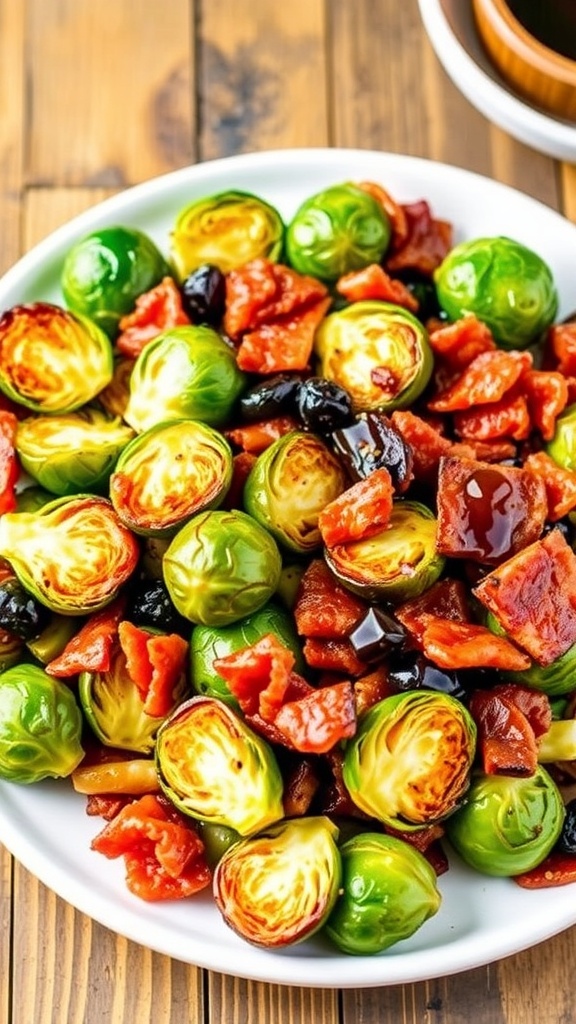 Crispy bacon and roasted Brussels sprouts served on a plate, garnished with balsamic vinegar.